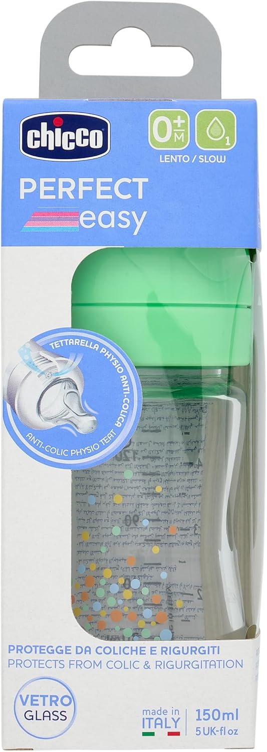 Chicco Perfect Easy Glass Feeding Bottle 150ml Slow Flow 0m+ Silicone, Green